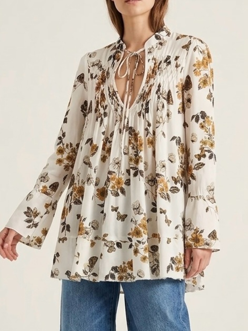 Free People So Fine Pebble Crepe Smocked Tunic Top Ivory Boho Chic Romantic